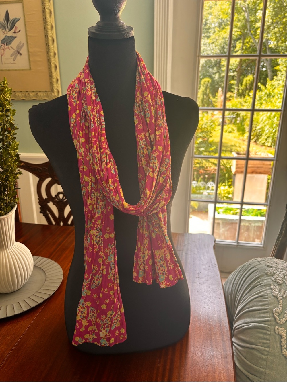 Lands' End multi color fish pattern vibrant Lightweight cotton blend Scarf